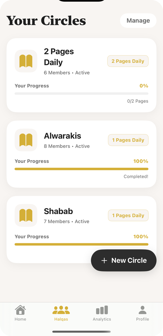 Your Circles screen listing three reading circles with per-member progress
