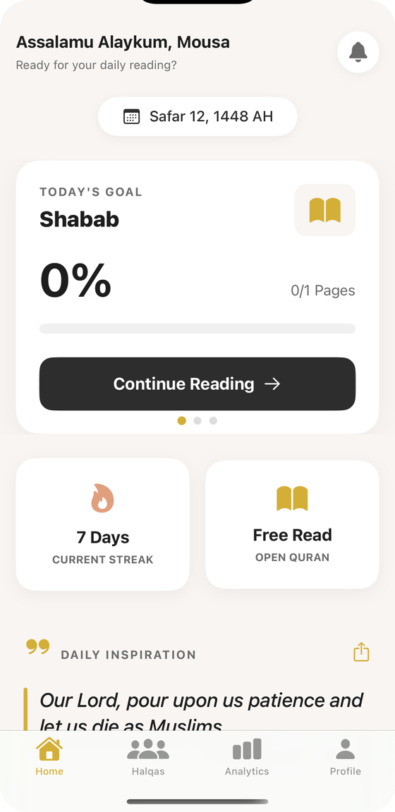 Iqraa home screen showing today's goal, progress and streak
