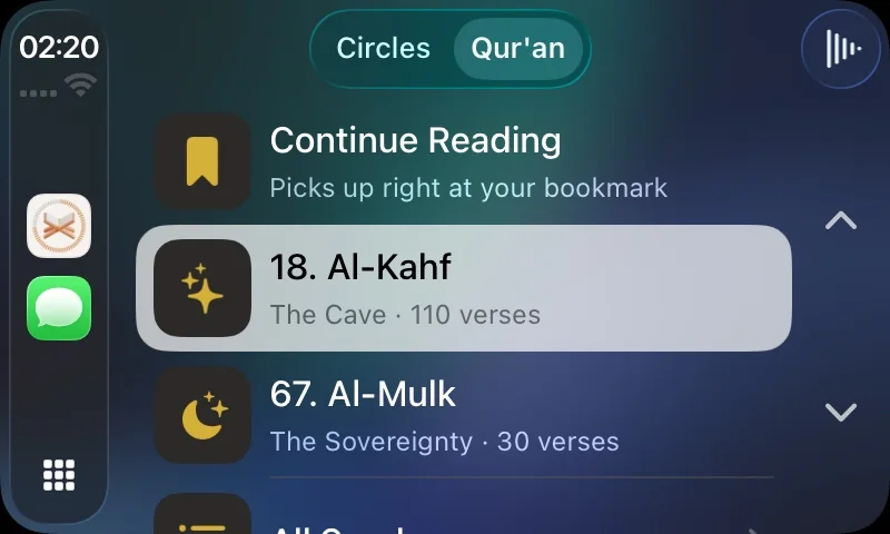 CarPlay: continue from your bookmark or play any surah