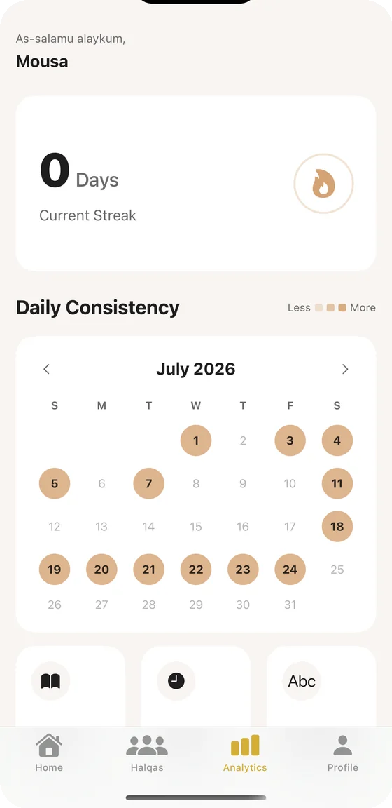 Analytics: current streak and a daily consistency calendar