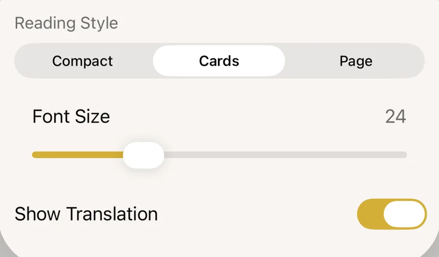 Reading style picker with Compact, Cards and Page, a font-size slider and a Show Translation switch