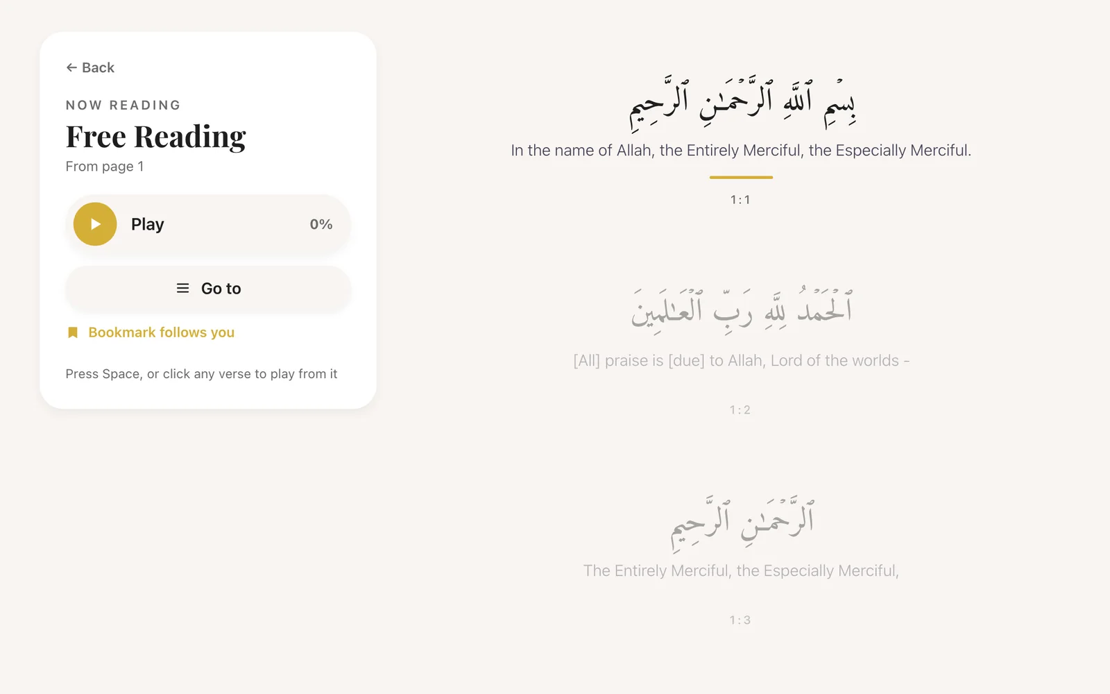 Iqraa in a web browser: Free Reading with the verse being recited highlighted