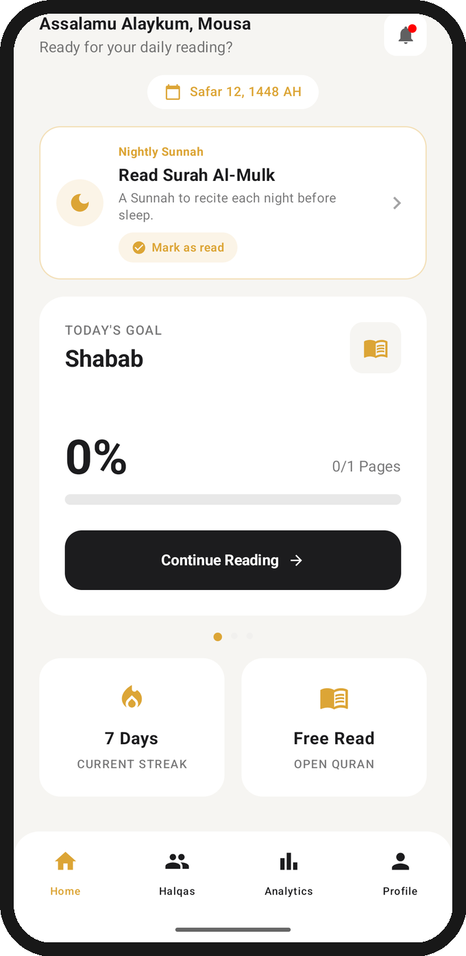 Iqraa on Android: home screen with today's goal, 7-day streak, and free-read Qur'an