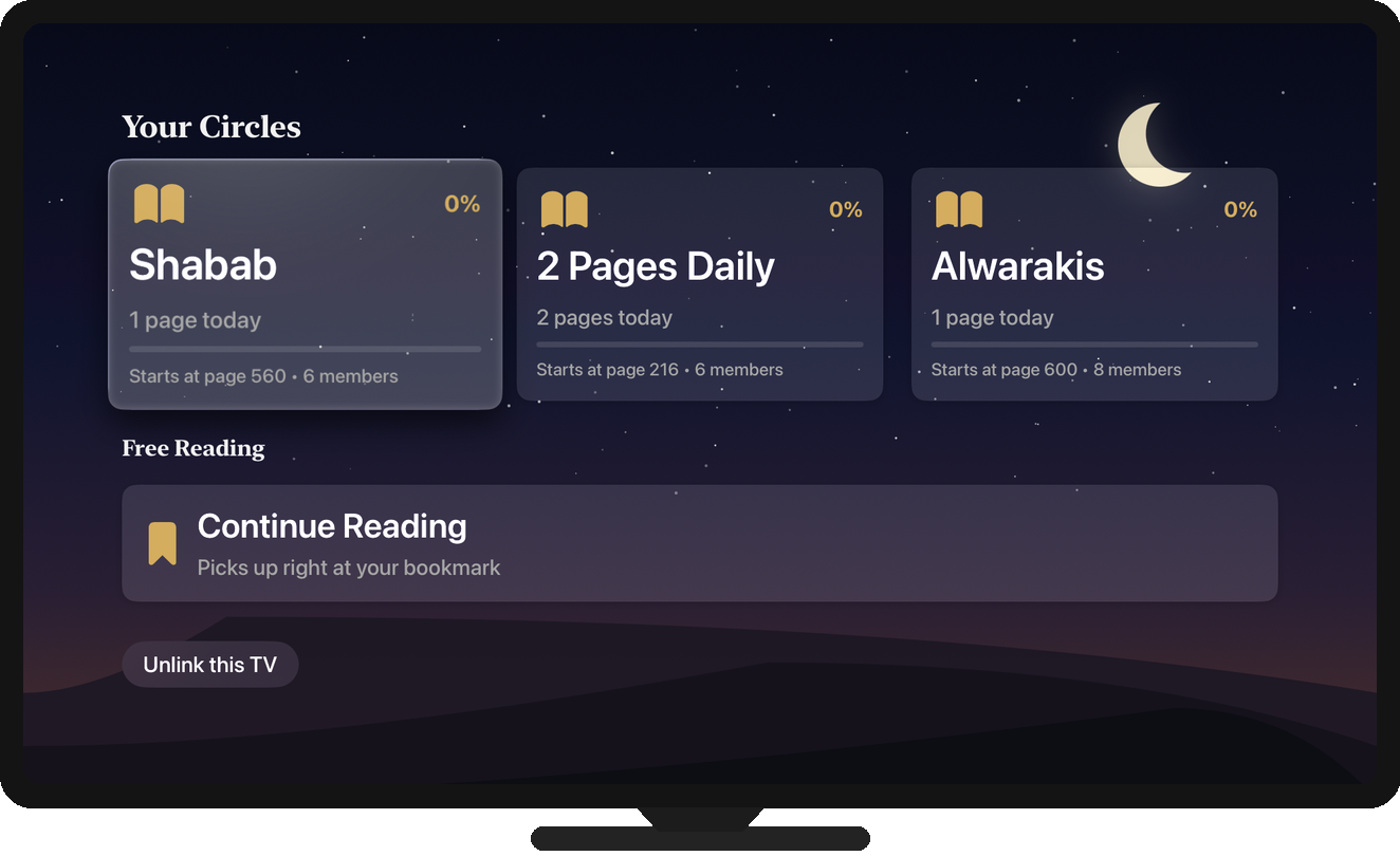 Iqraa on Apple TV showing your reading circles and free reading with a bookmarked continue option